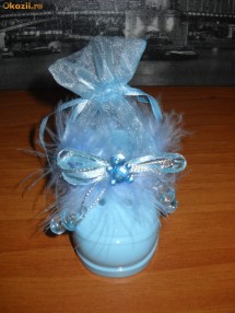 Marturie botez baiat/ baietel/ bebe albastru /blue botosel, pantofior, papucel din plastic cu puf si saculet organza foto