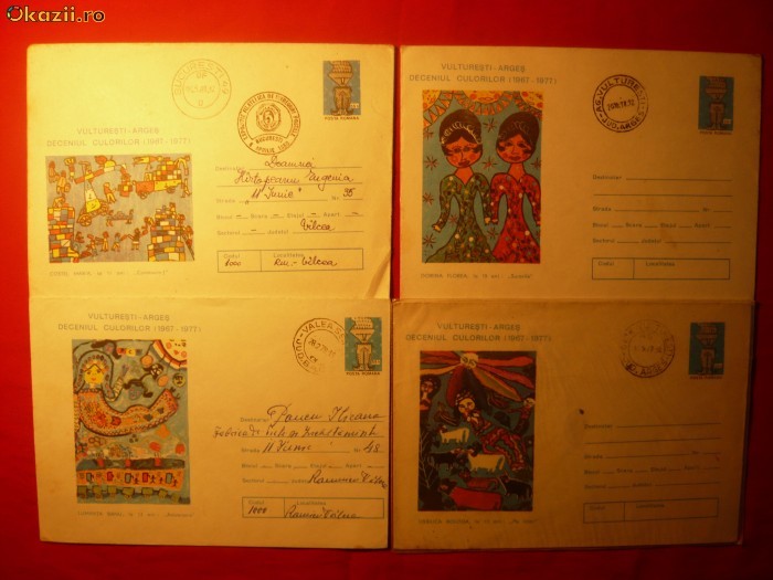 Set 4 Intreguri Postale -Desene Copii Vulturesti Arges  1977 foto mare