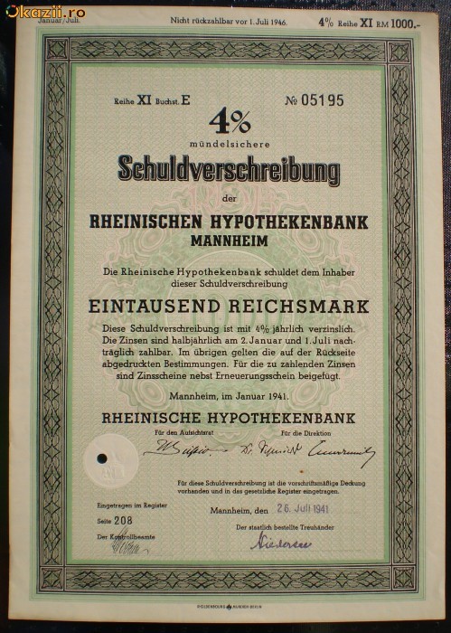 13. GERMANIA OBLIGATIUNE 1000 REICHSMARK 01.1941 MANNHEIM foto mare