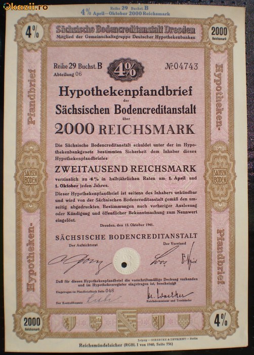 09. GERMANIA OBLIGATIUNE 2000 REICHSMARK 15.10.1941 DRESDEN foto mare