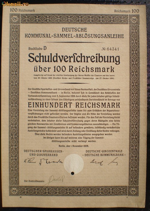 02. GERMANIA OBLIGATIUNE 100 REICHSMARK 1.11.1926 BERLIN foto mare