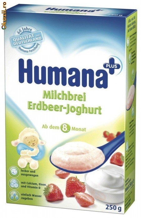 Cereale Humana cu lapte CAPSUNI + IAURT (bebe peste 8 luni) 250 gr, GERMANIA (livrare gratuita la comenzi peste 70 lei - vezi detalii in poza nr.2) foto mare