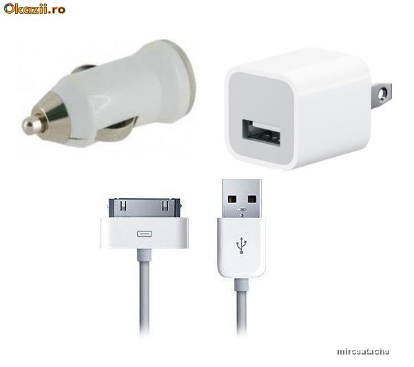 3 in 1 - Incarcator Apple iPhone 3 3GS 4 iPod iPad - INCARCATOR de PRIZA + Car Charger Auto + CABLU Date USB foto mare
