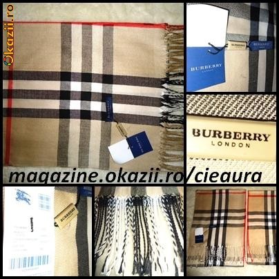 SAL / FULAR / ESARFA BURBERRY LONDON, ORIGINAL, UNISEX, LANA FINA CAL I, CEA MAI MARE DIMENSIUNE foto mare