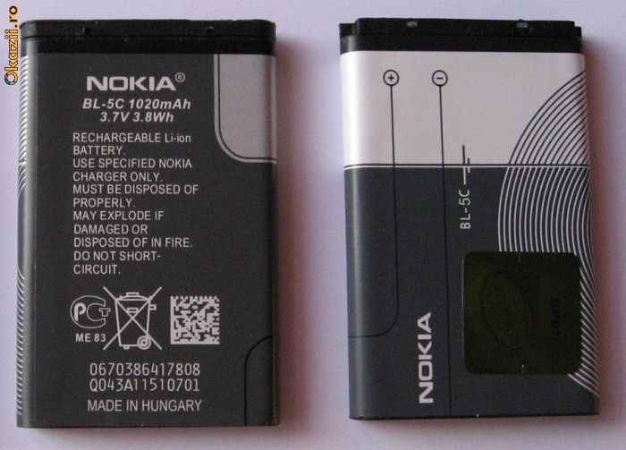 Acumulator , Baterie Nokia BL-5C, BL5C, ORIGINAL, 1020 mAh, 3.7V, 3.8Wh foto mare